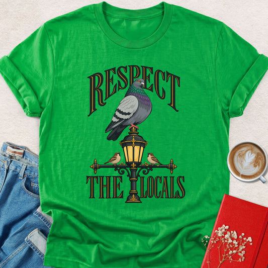 Green pigeon illustration t-shirt with lantern graphic and 'Respect the Locals' print