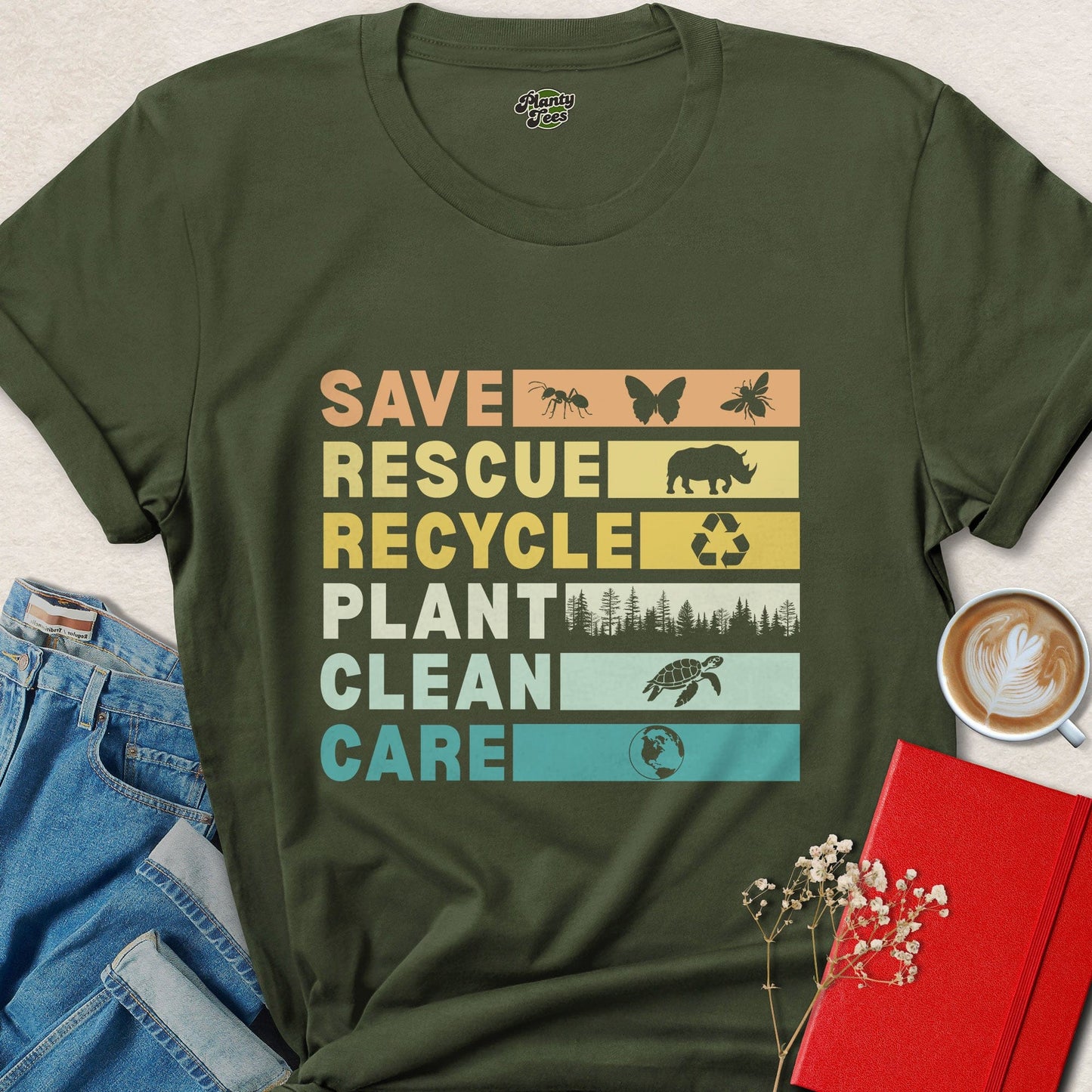 Save Rescue Recycle Plant Clean Care Vegan Shirt