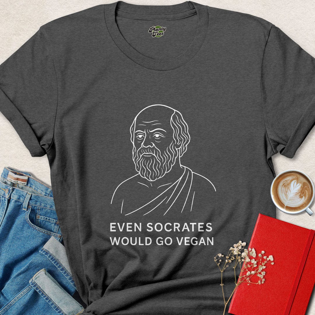  t-shirt with minimalist Socrates illustration and text saying "Even Socrates Would Go Vegan" – perfect for vegan activists and ethical thinkers