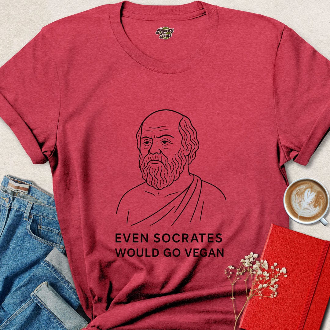  t-shirt with minimalist Socrates illustration and text saying "Even Socrates Would Go Vegan" – perfect for vegan activists and ethical thinkers