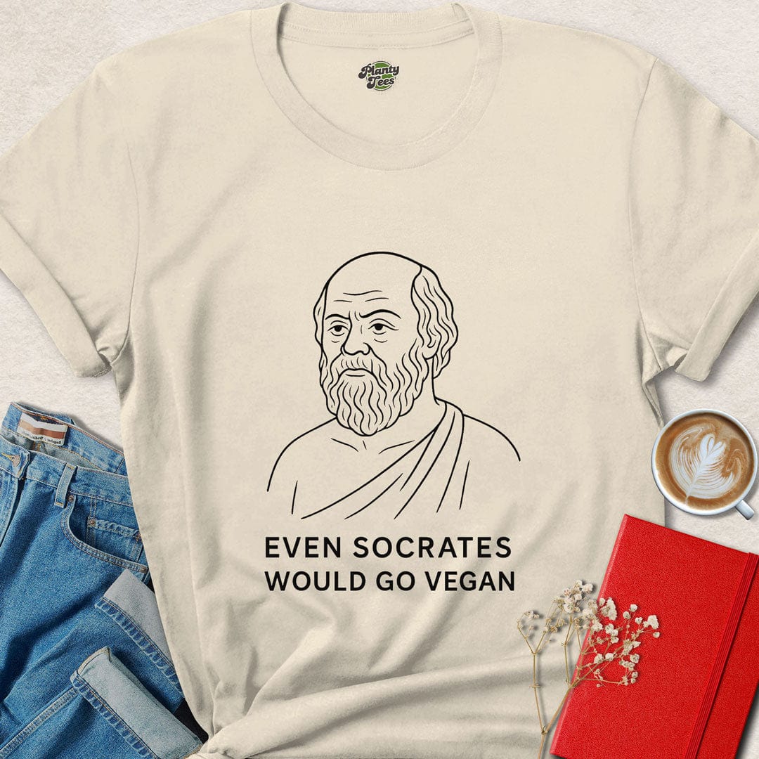  t-shirt with minimalist Socrates illustration and text saying "Even Socrates Would Go Vegan" – perfect for vegan activists and ethical thinkers