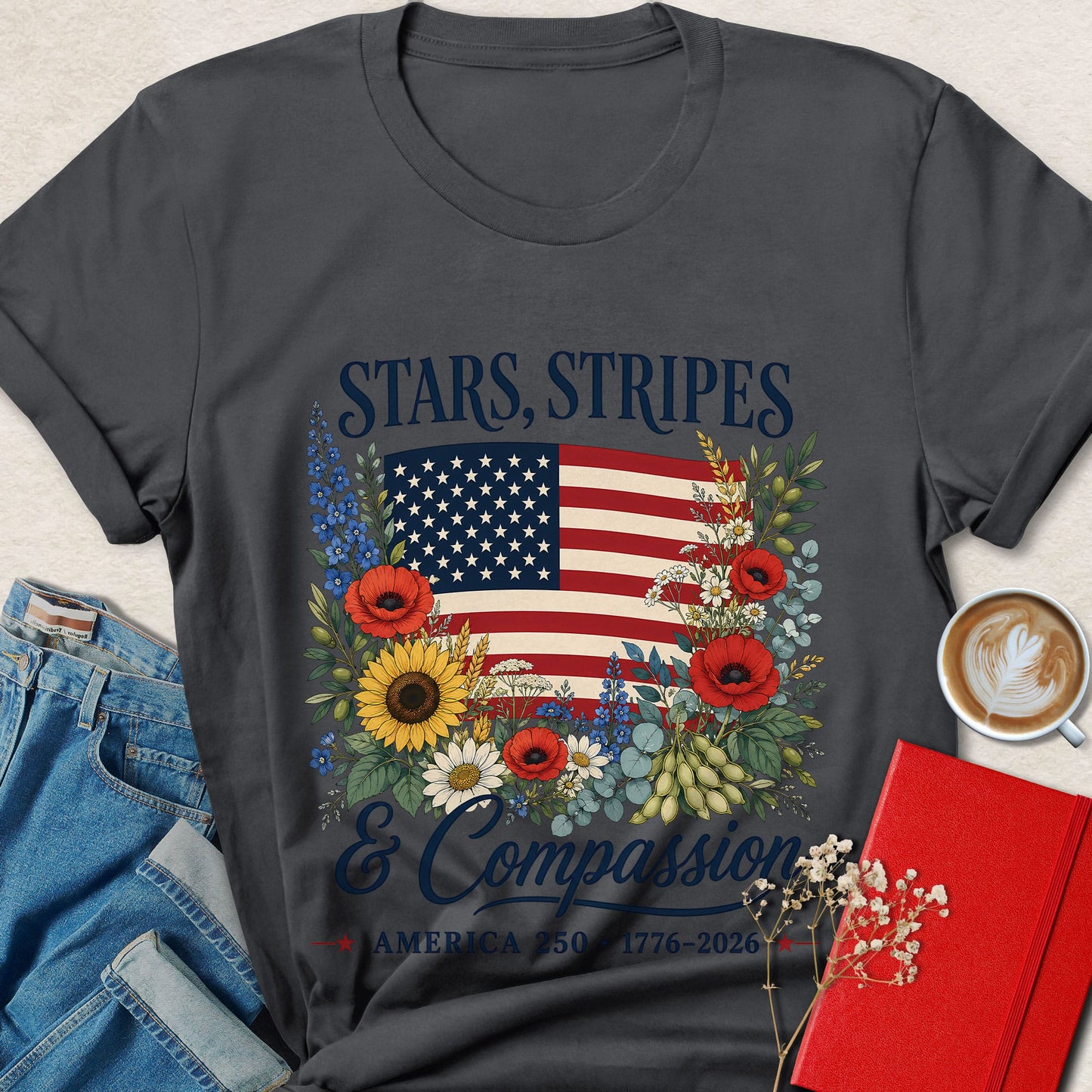 Stars Stripes & Compassion Floral Vegan T-Shirt