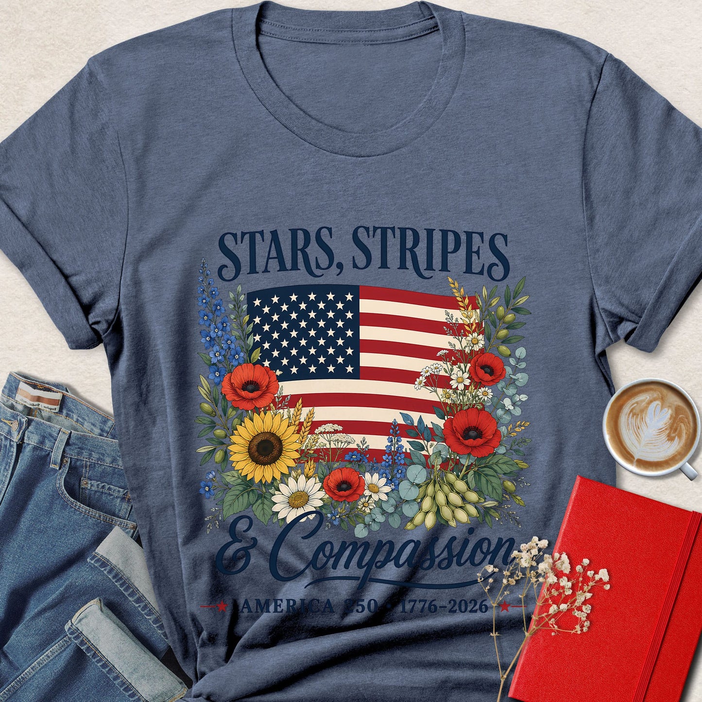 Stars Stripes & Compassion Floral Vegan T-Shirt