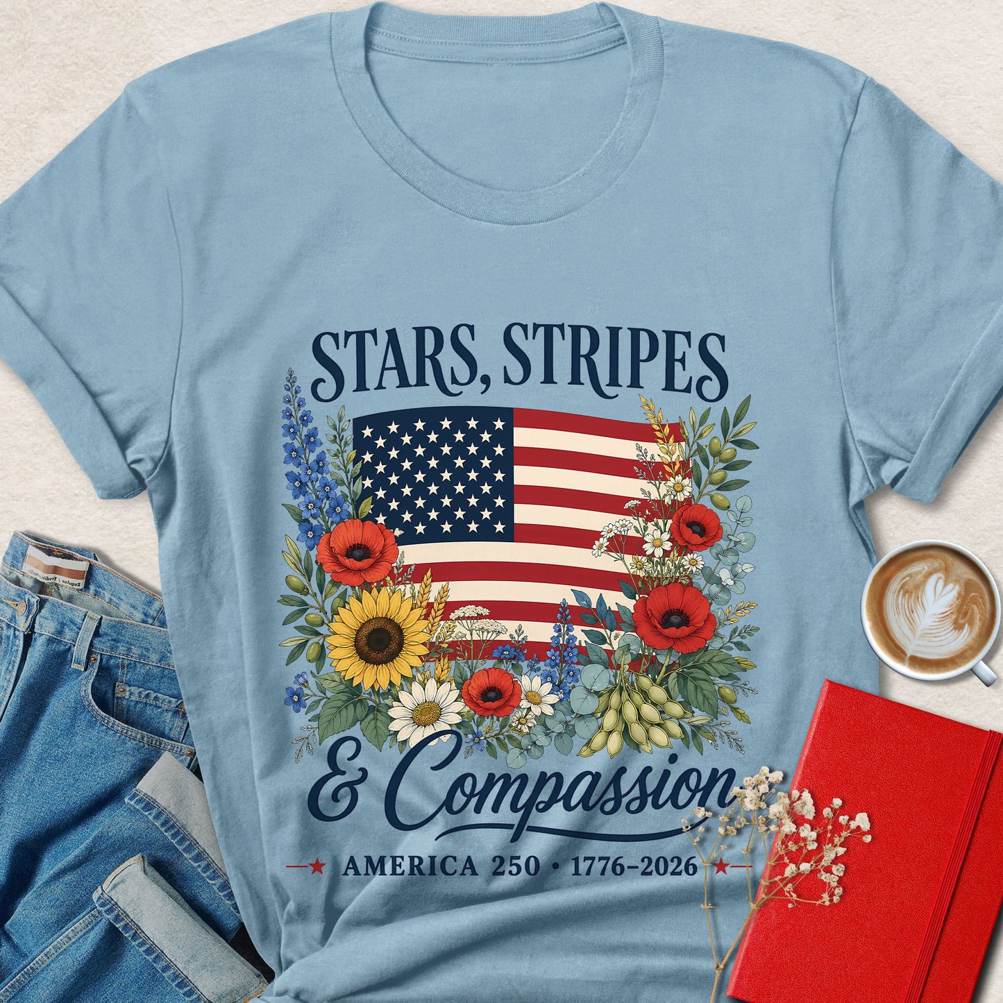 Stars Stripes & Compassion Floral Vegan T-Shirt