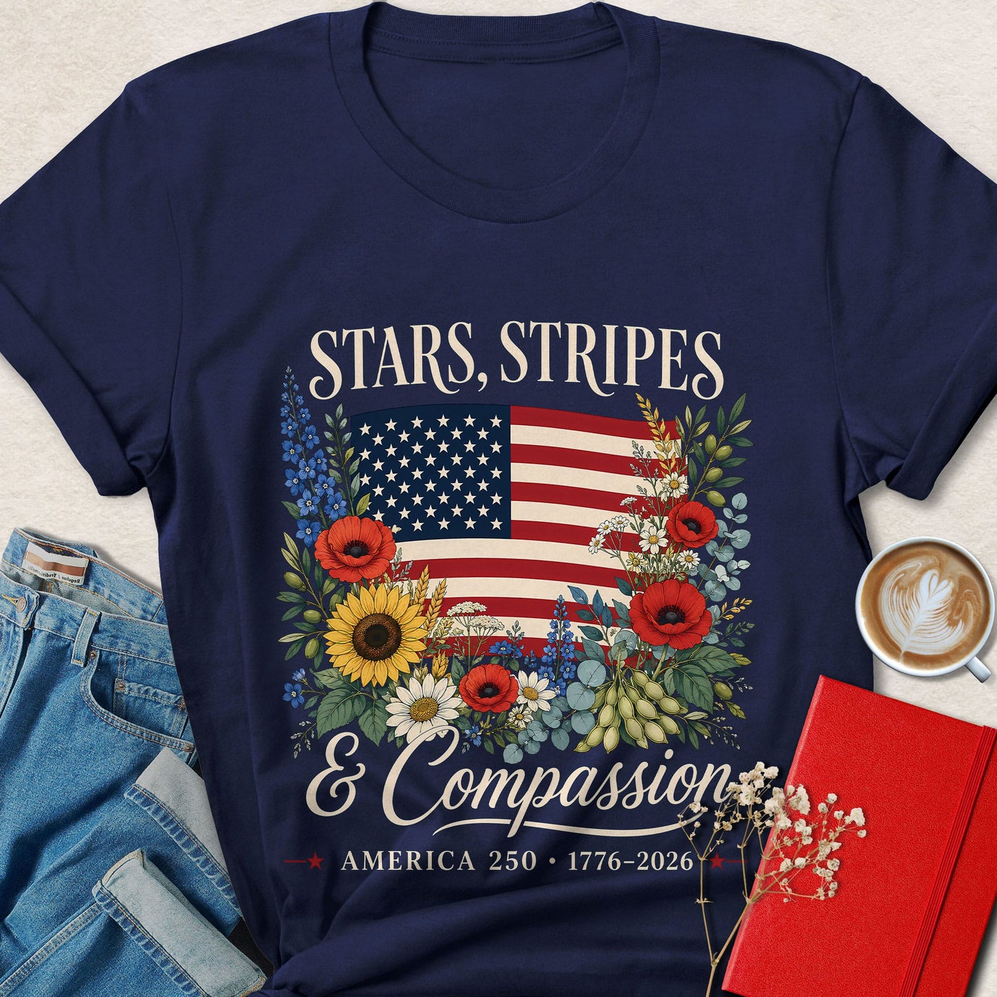 Stars Stripes & Compassion Floral Vegan T-Shirt