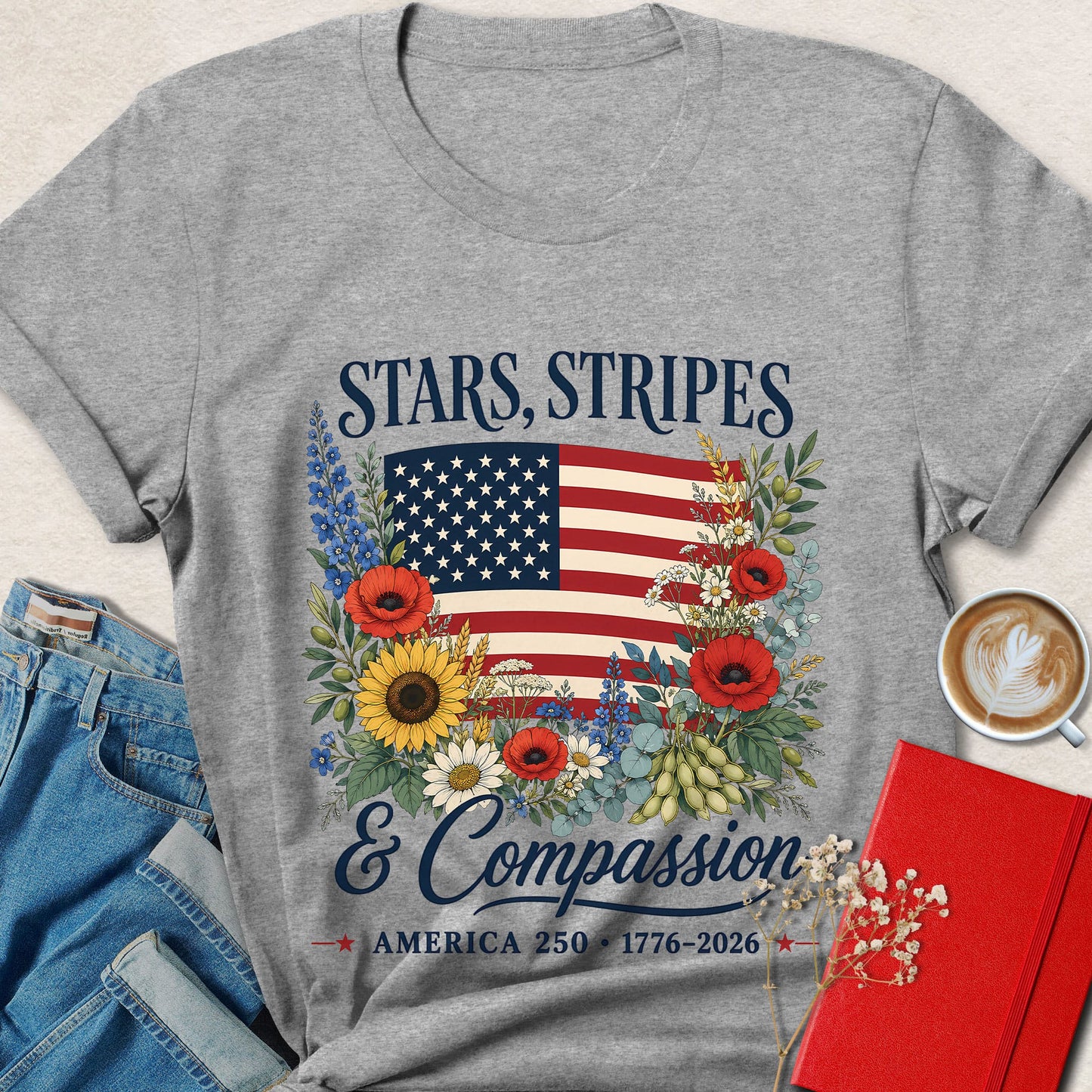 Stars Stripes & Compassion Floral Vegan T-Shirt