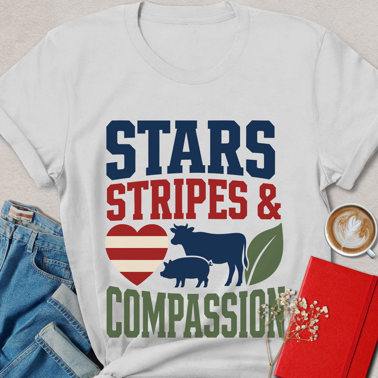 Stars Stripes and Compassion Vegan T-Shirt