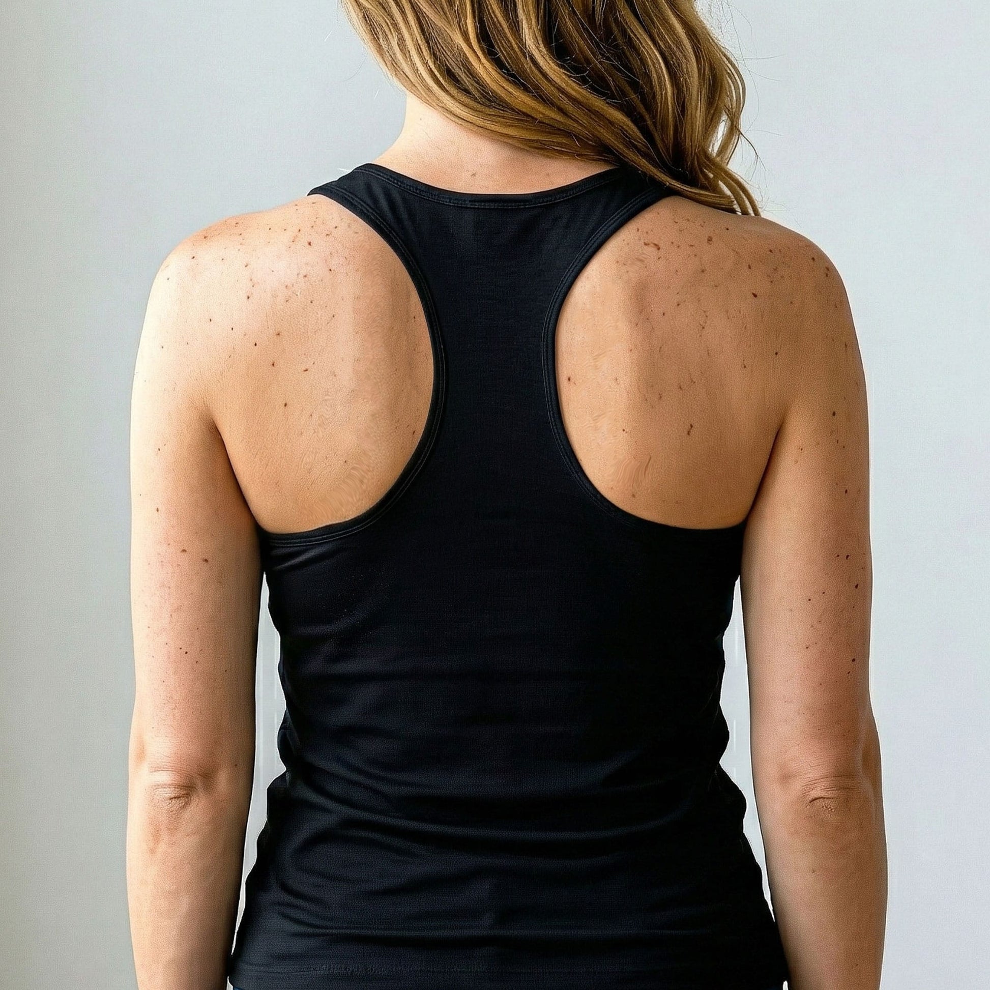 Person wearing a black tank top against a plain background