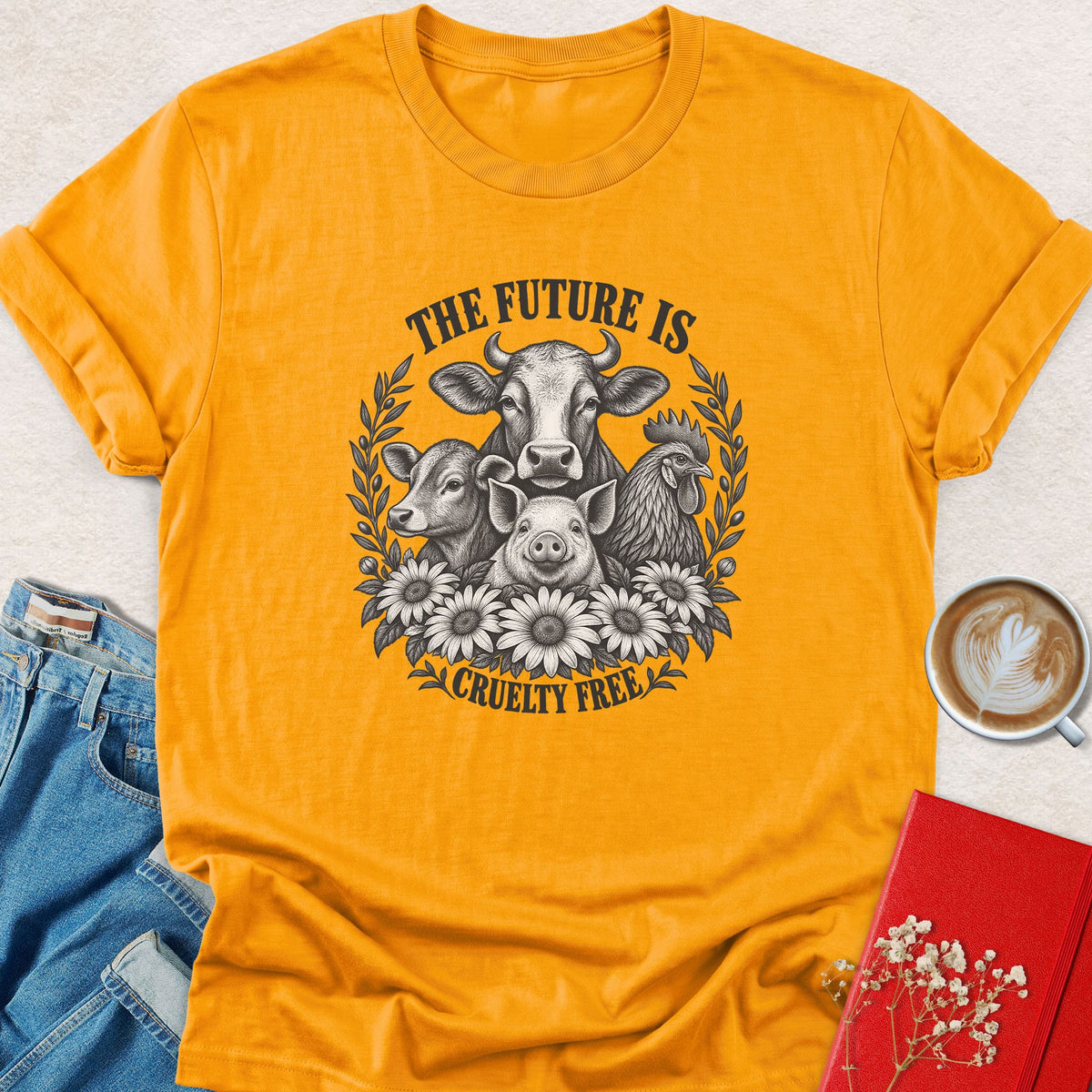 Orange crew-neck t-shirt with farm animal cruelty-free graphic and text