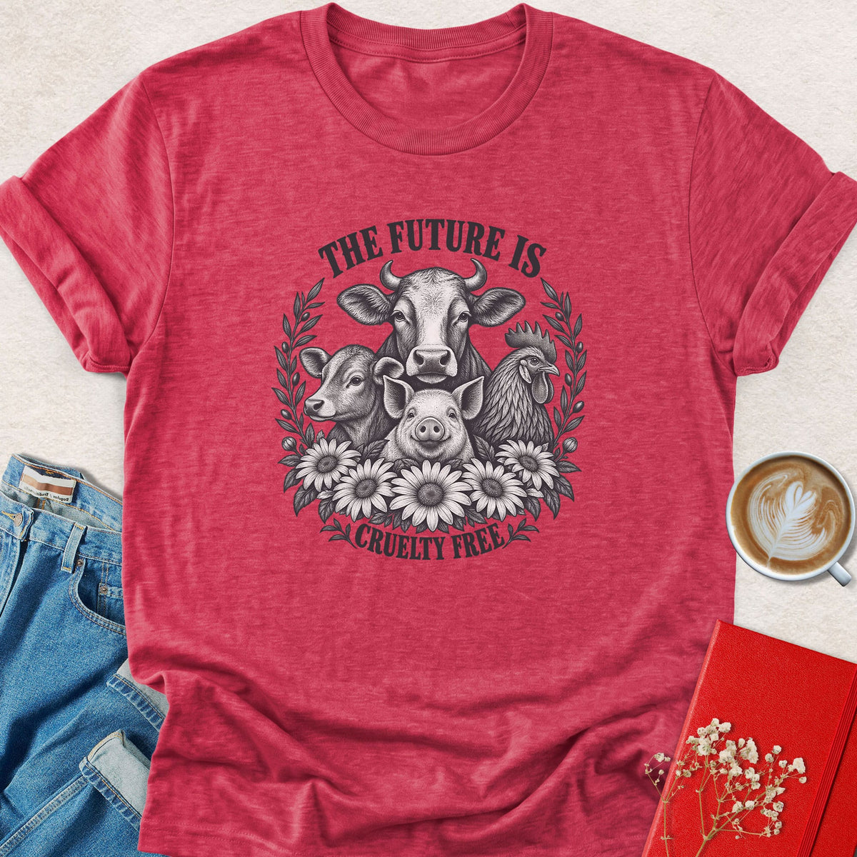 Red crew-neck t-shirt with farm animal cruelty-free graphic and text