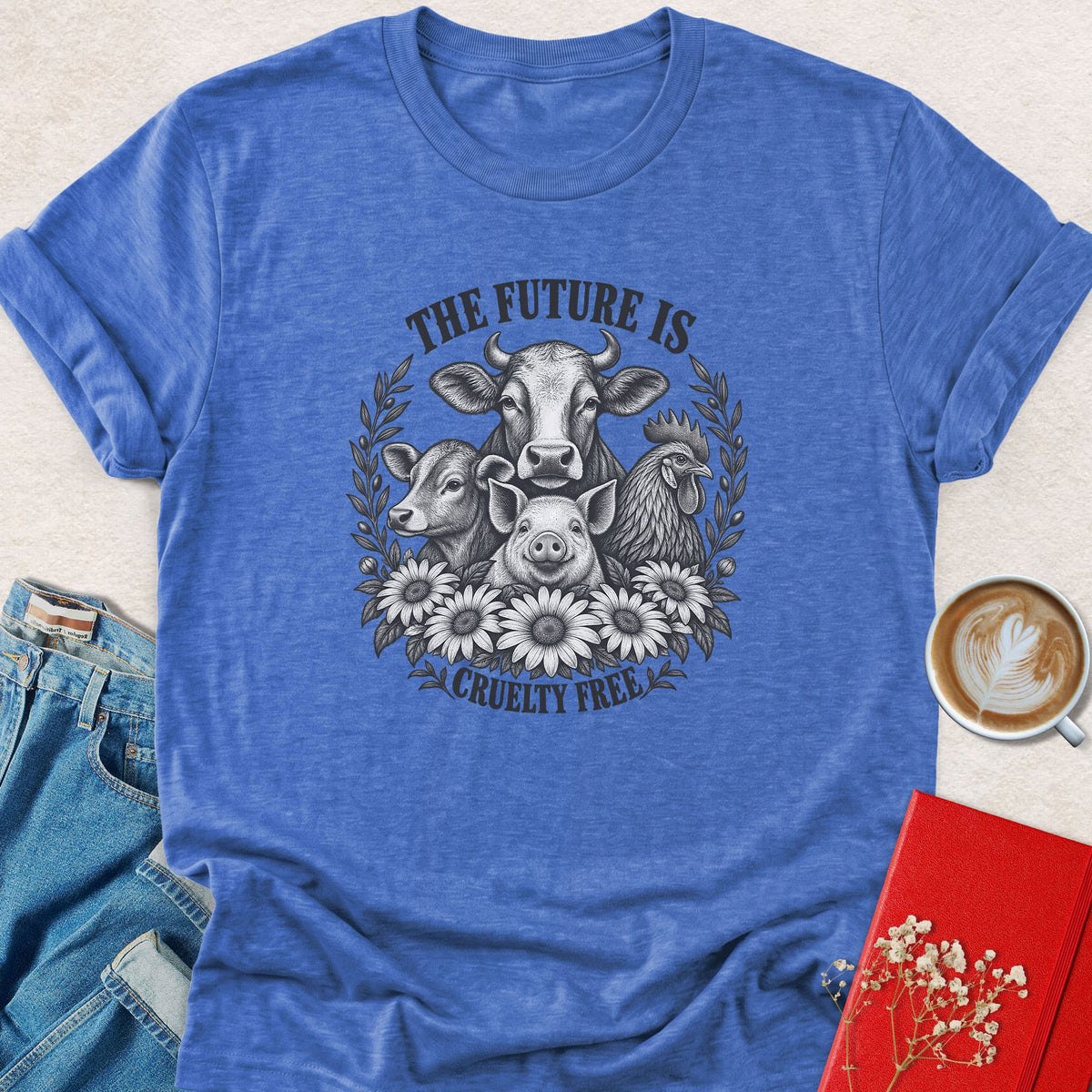 Blue crew-neck t-shirt with farm animal cruelty-free graphic and text
