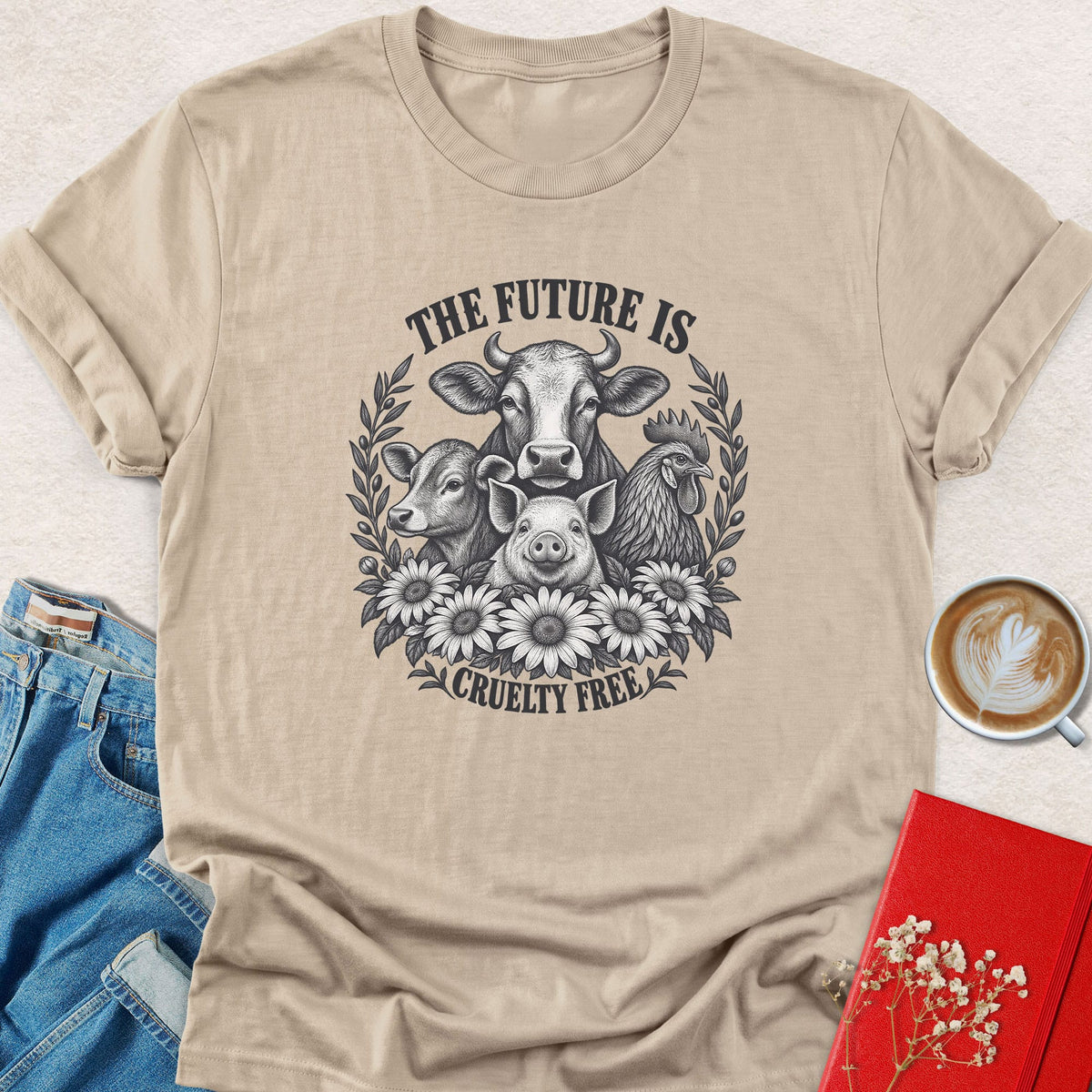 Beige crew-neck t-shirt with farm animal cruelty-free graphic and text
