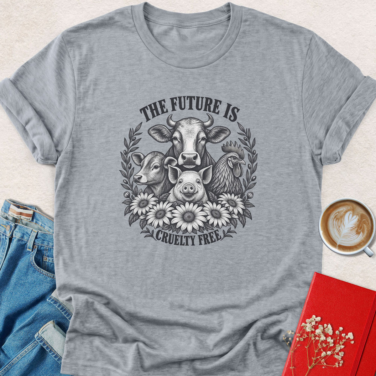 Heather gray crew-neck t-shirt with farm animal cruelty-free graphic and text