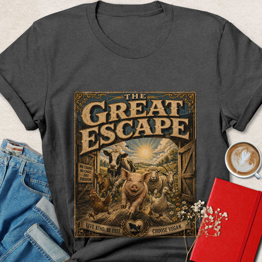 Dark gray t-shirt with front "The Great Escape" graphic print.
