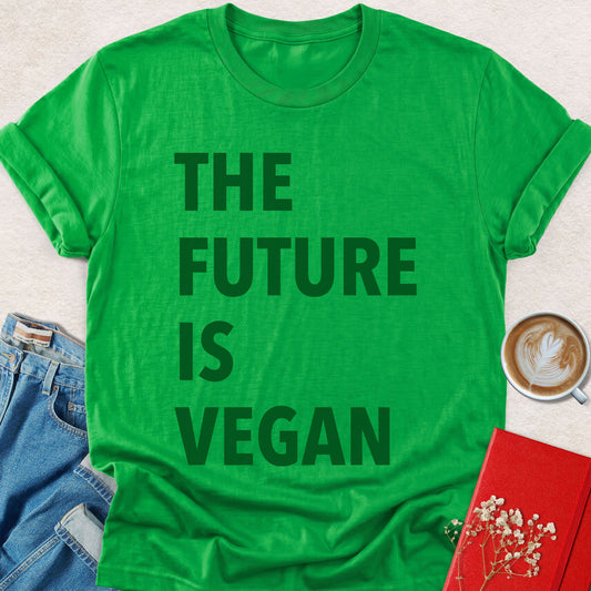 Green vegan T-shirt with bold 'THE FUTURE IS VEGAN' print