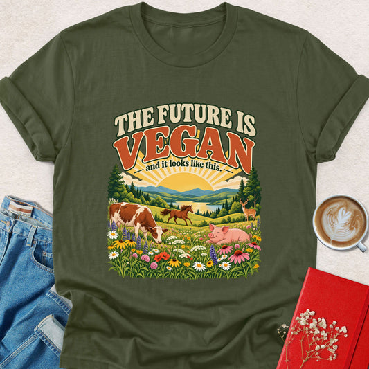 Olive vegan graphic t-shirt with “THE FUTURE IS VEGAN” landscape print on front