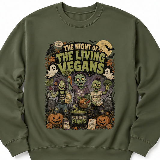 Military green crewneck Halloween sweatshirt with large illustrated monster vegan graphic