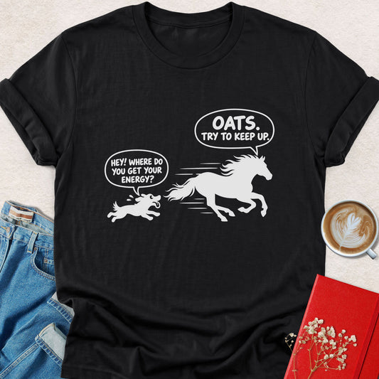 Black t-shirt with crew neck and "Oats" graphic featuring horse and energy text
