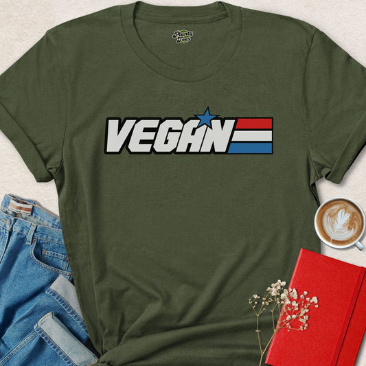 Military green crew-neck Vegan JOE T-shirt with front VEGAN logo graphic.