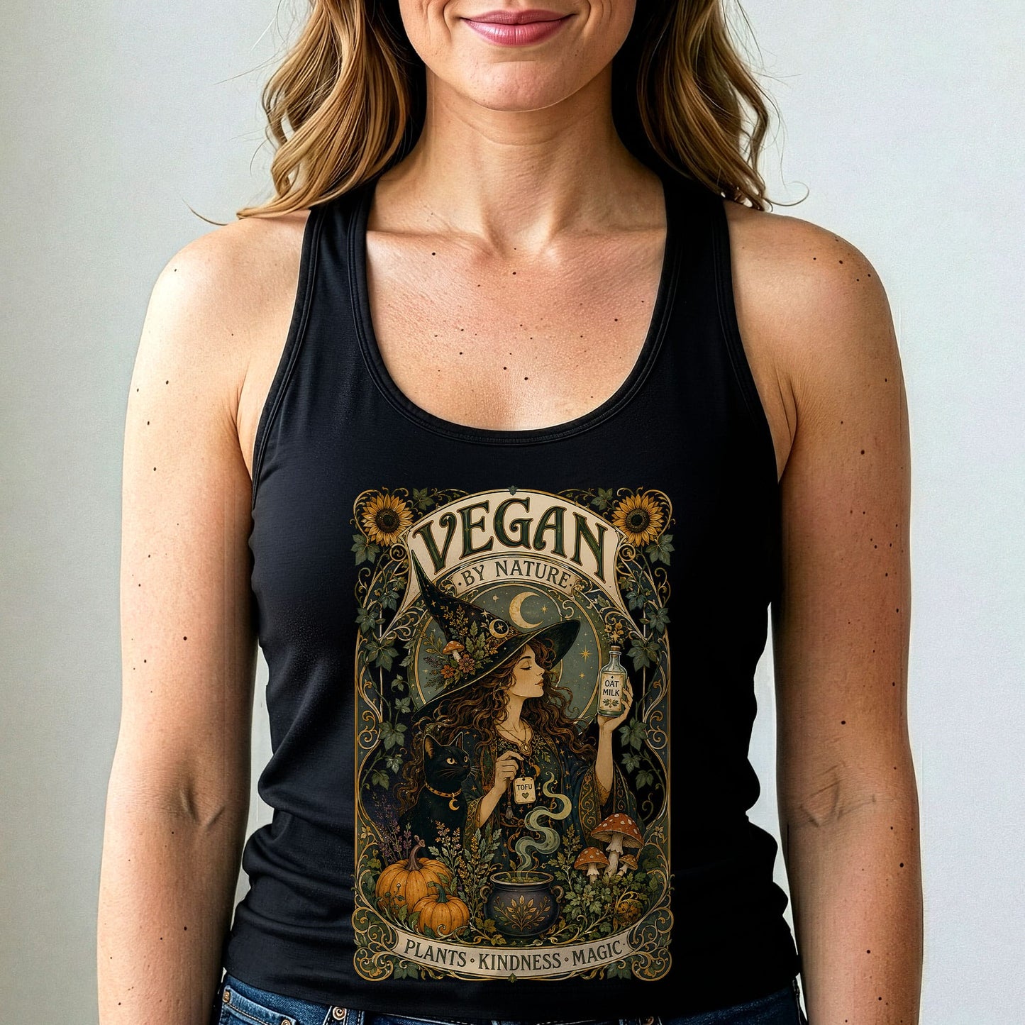 Black vegan graphic tank top with scooped neckline, sleeveless