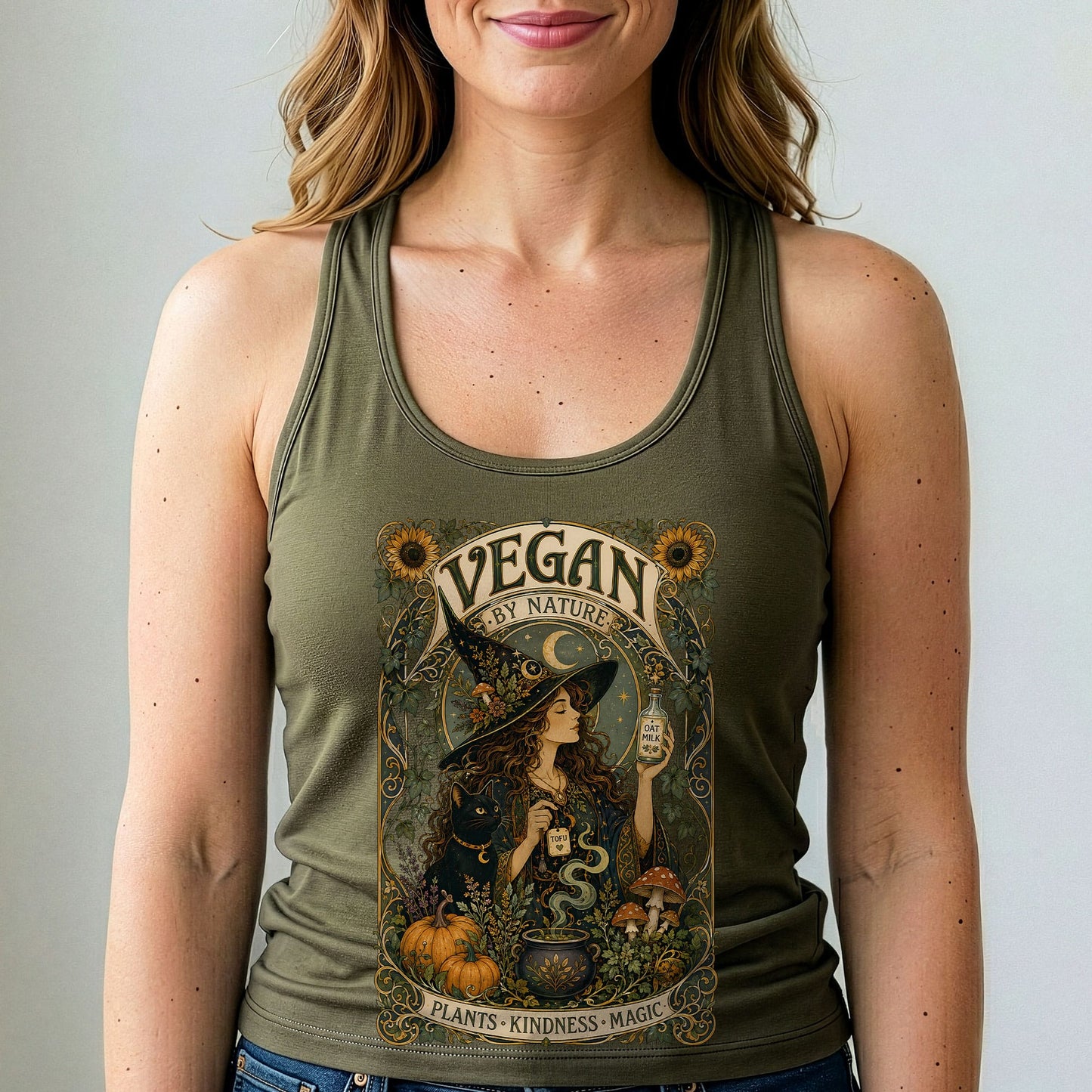 Military green vegan graphic tank top with scooped neckline, sleeveless