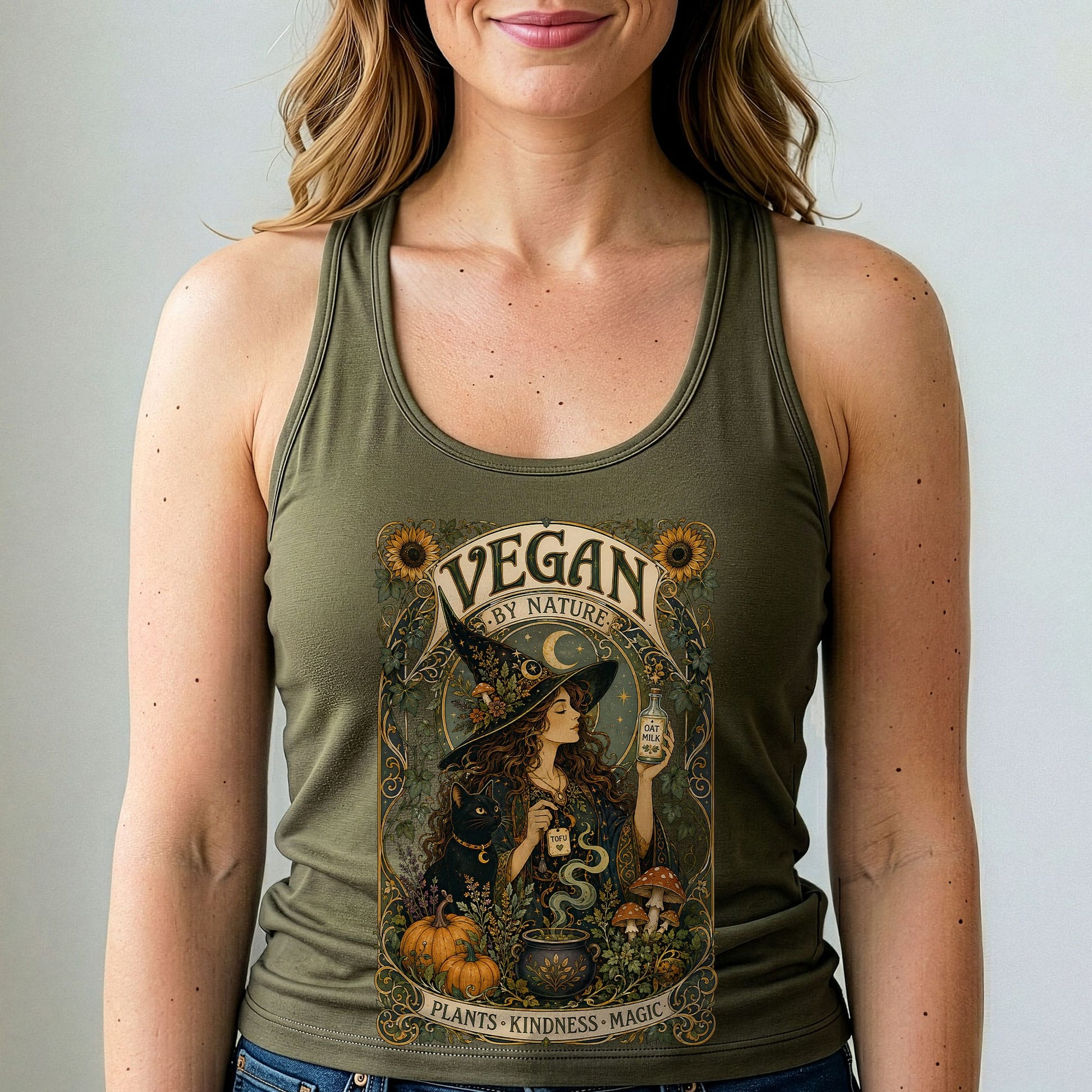 Military green vegan graphic tank top with scooped neckline, sleeveless