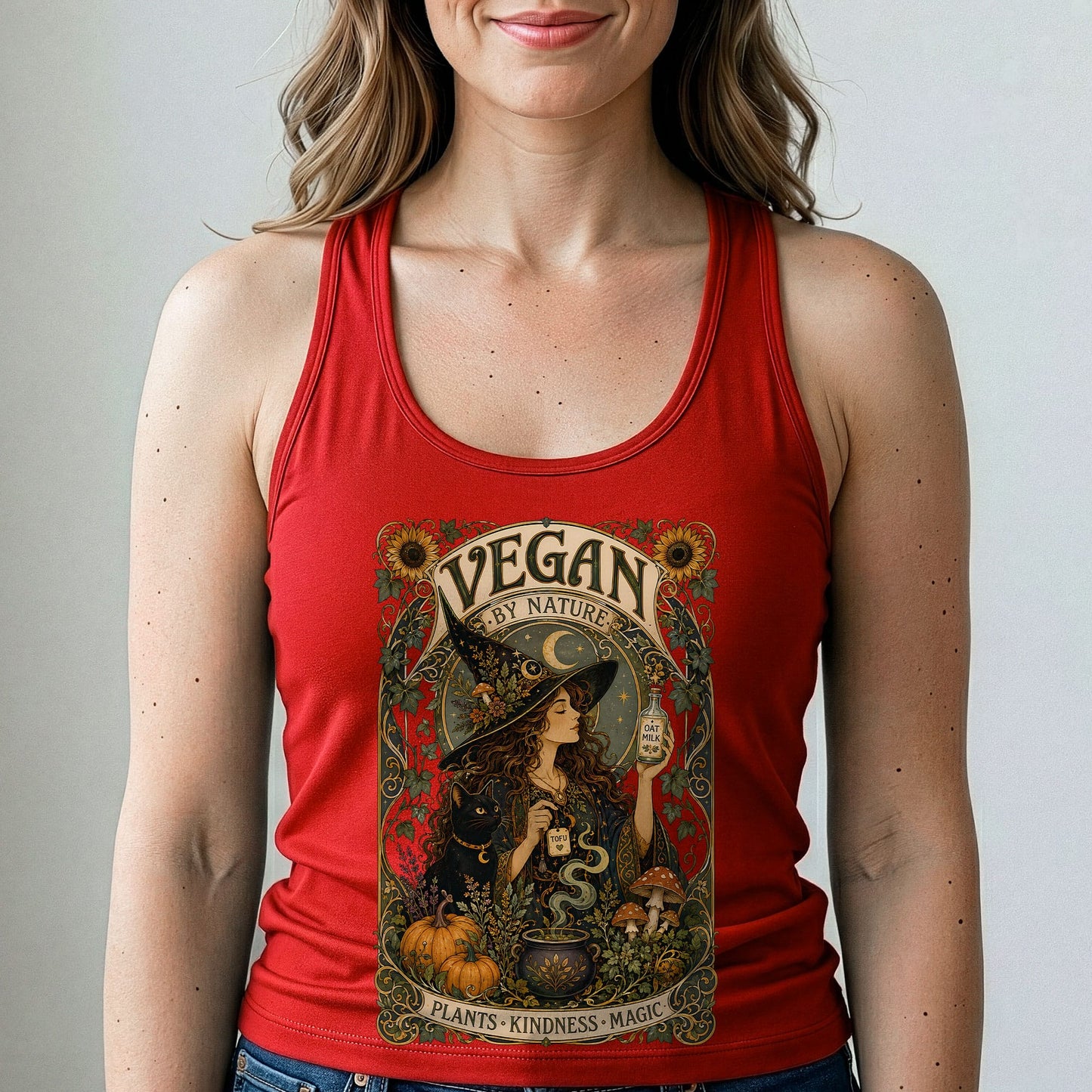 Red vegan graphic tank top with scooped neckline, sleeveless