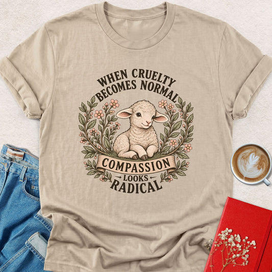Sand lamb compassion T-shirt with floral wreath and 'Looks Radical' slogan