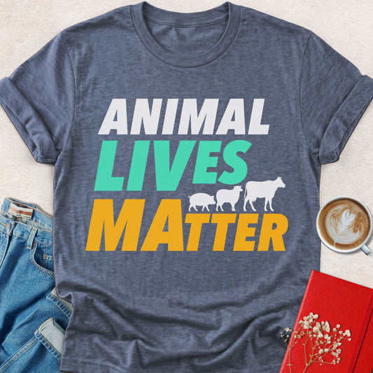 Heather indigo crewneck T-shirt with Animal Lives Matter typography and animal silhouettes