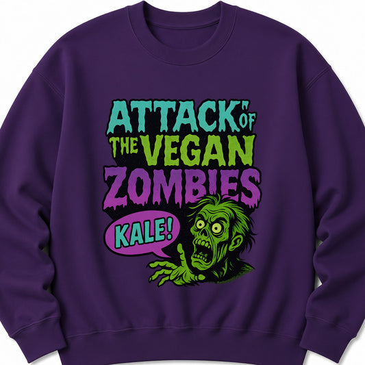 Purple Halloween crewneck sweatshirt with colorful zombie graphic on the front