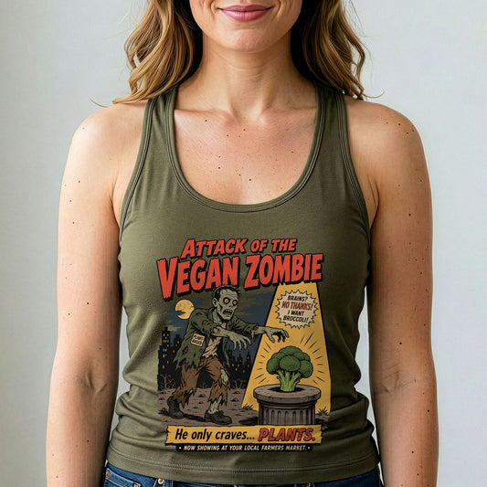 Military green scoop-neck graphic tank top with vegan zombie and plants print
