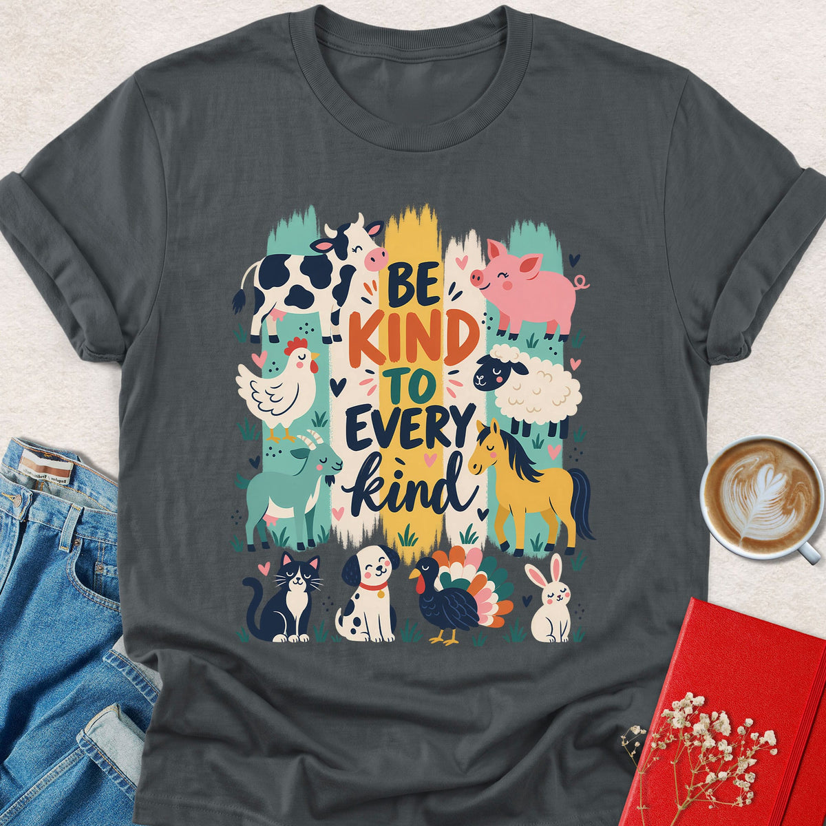 Charcoal heather animal graphic T-shirt with 'Be kind to every kind' typography