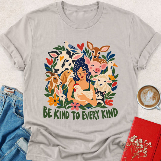 Heather grey crew-neck short-sleeve T-shirt with colorful folk animal portrait graphic