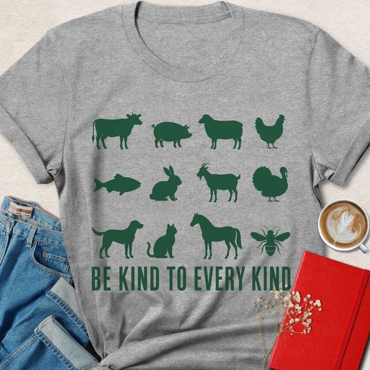 Heather gray t-shirt with dark green animal graphic and 'BE KIND TO EVERY KIND' slogan
