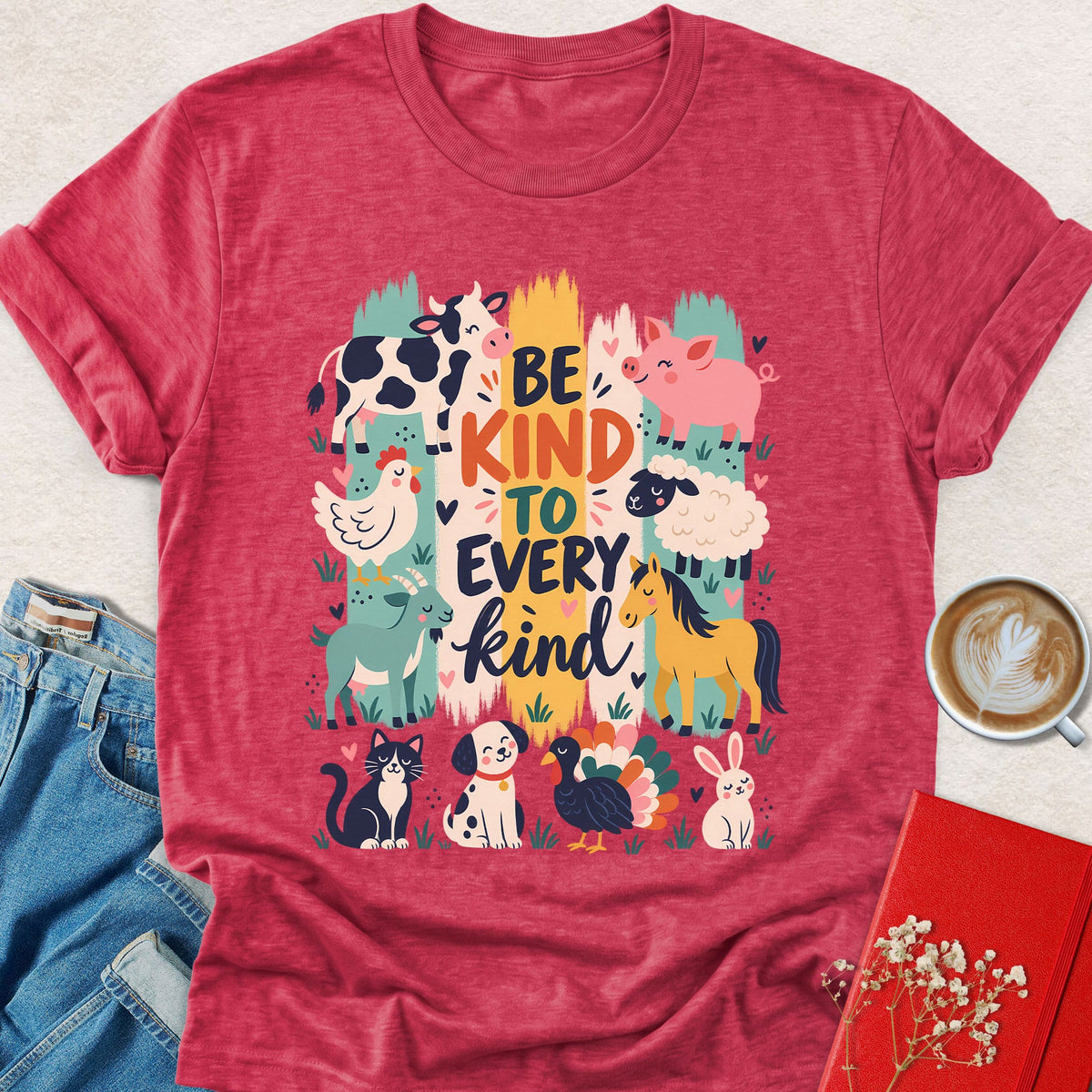 Heather red animal graphic T-shirt with 'Be kind to every kind' typography