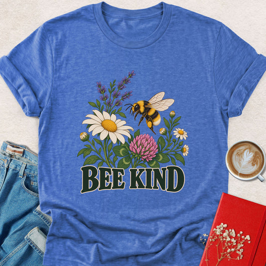Heather royal blue wildflower tee with bee illustration and 'BEE KIND' slogan
