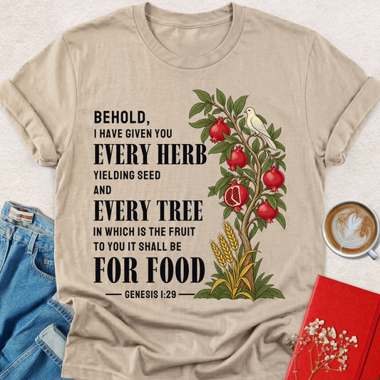 Sand vegan t-shirt with front bird-and-fruit scripture graphic