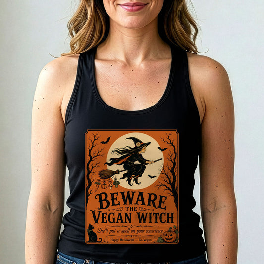Women's vegan witch graphic tank top, solid black sleeveless crew neck