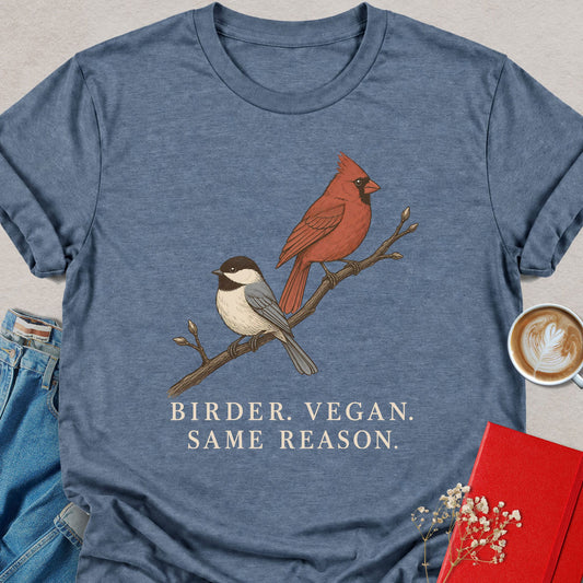 Blue bird vegan graphic T-shirt with two birds and text "BIRDER. VEGAN. SAME REASON."