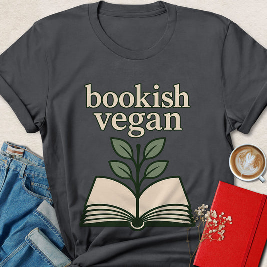 Charcoal graphic t-shirt with 'bookish vegan' text and open-book leaf design