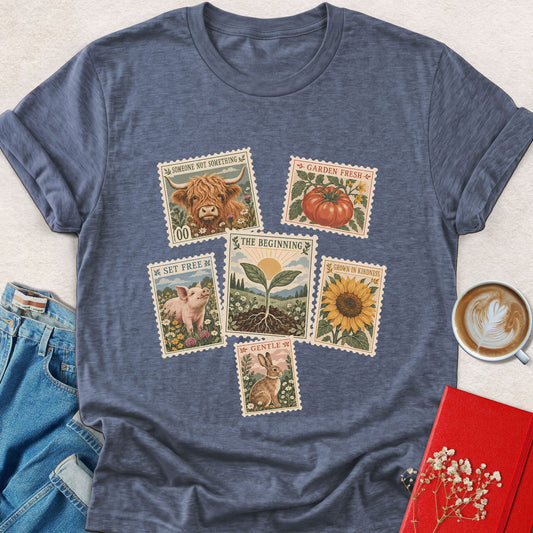 Heather gray crewneck vegan t-shirt with garden animal stamp graphic on chest