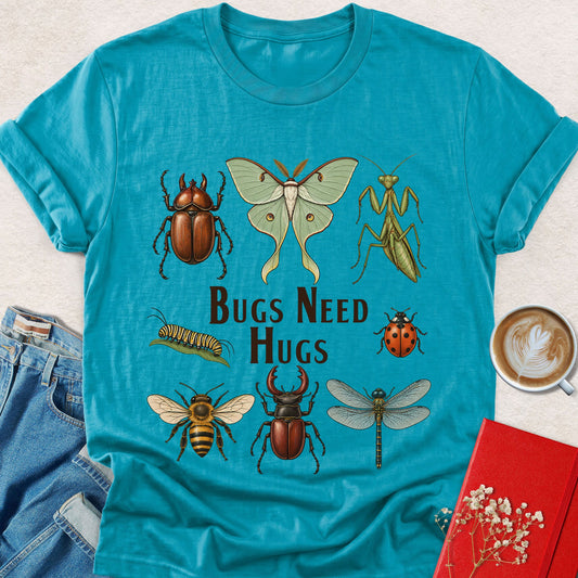 Teal graphic t-shirt with insect bugs and Bugs Need Hugs text