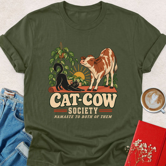 Military green vegan graphic T-shirt with cat-cow society illustration and crew neck