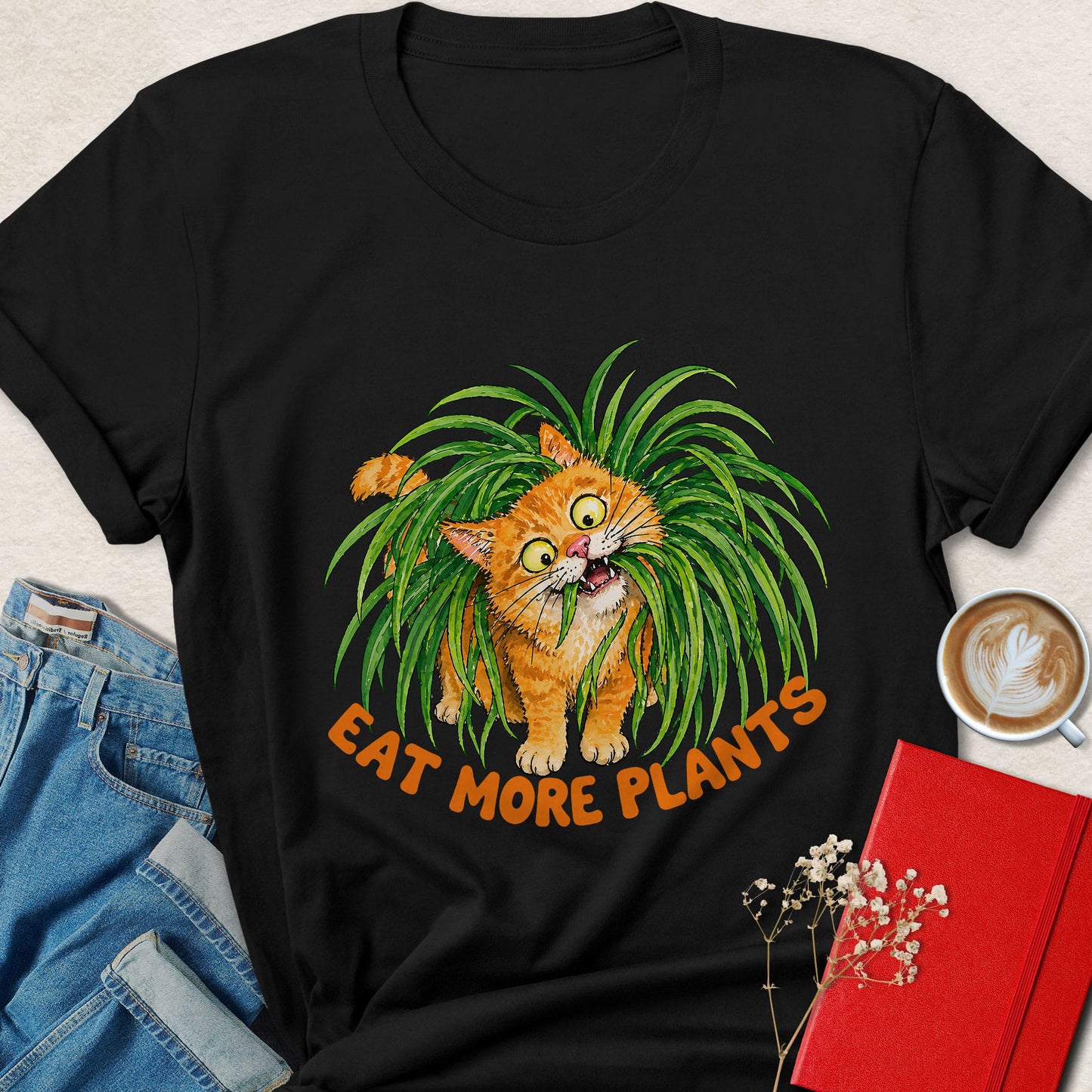 Eat More Plants Cat Vegan Shirt Funny Plant Based Animal Tee
