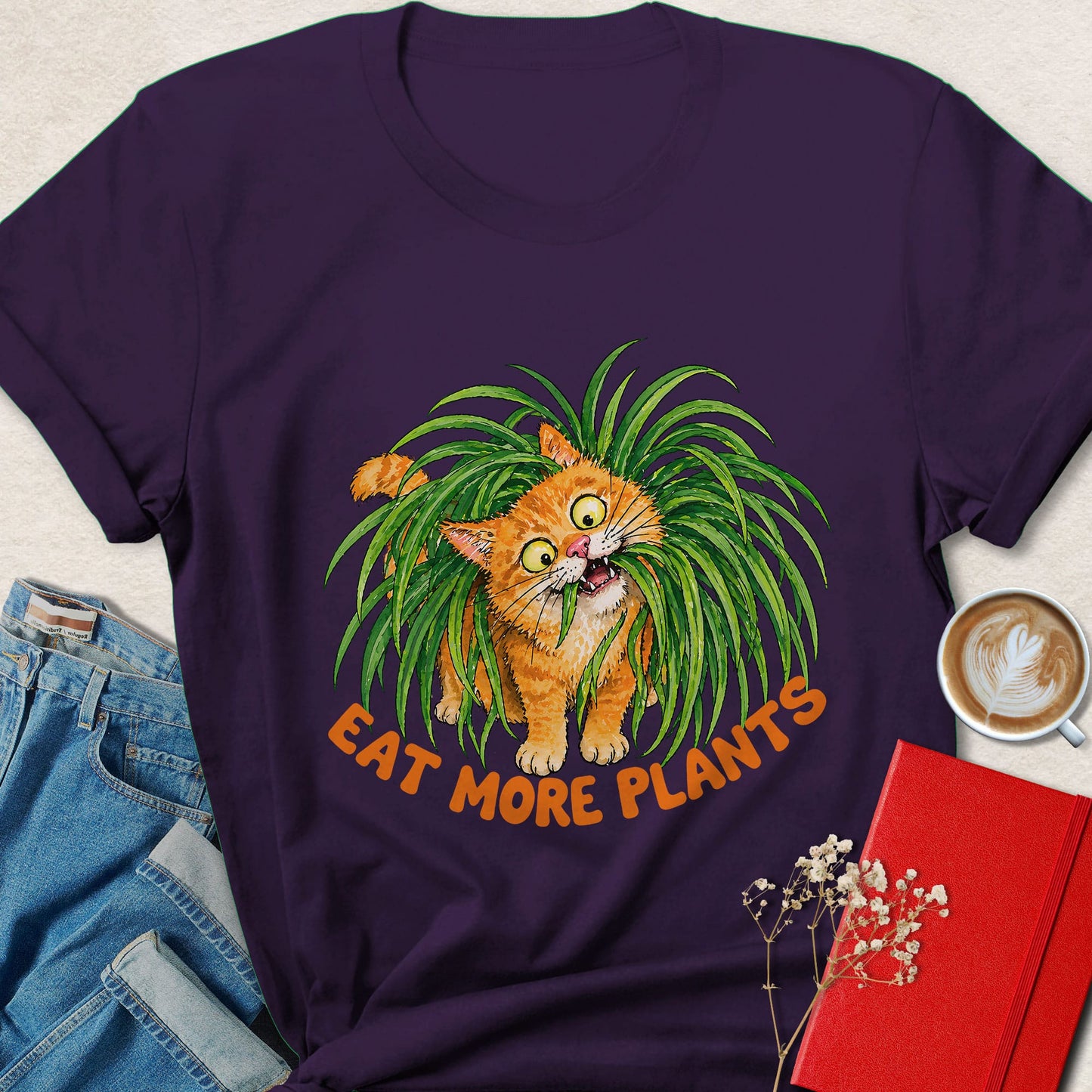 Eat More Plants Cat Vegan Shirt Funny Plant Based Animal Tee