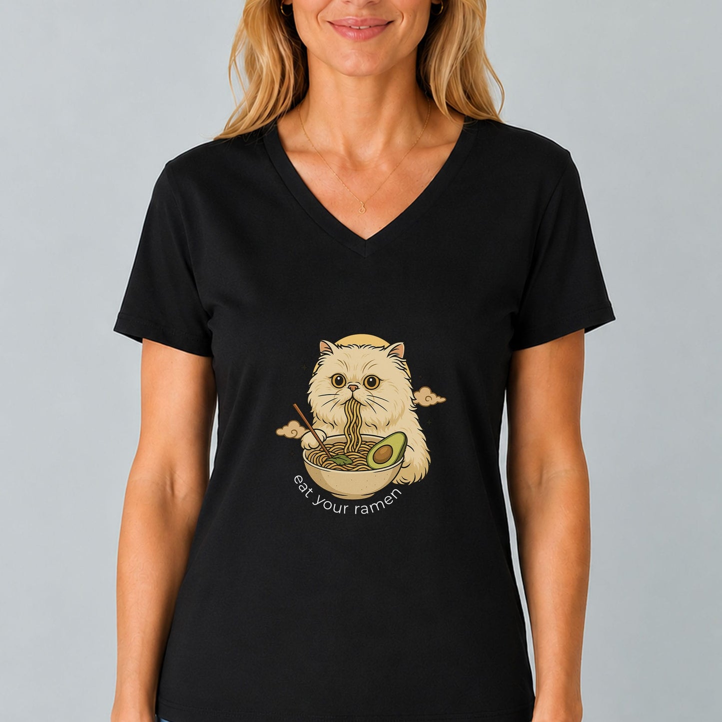 Cat Eating Vegan Ramen V-Neck T-Shirt