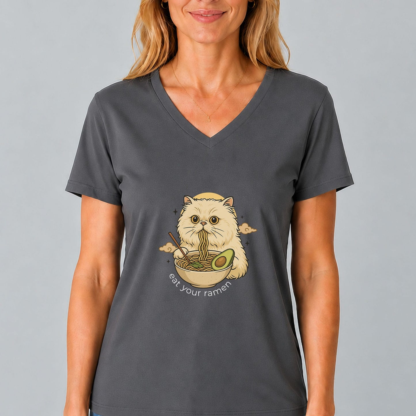 Cat Eating Vegan Ramen V-Neck T-Shirt