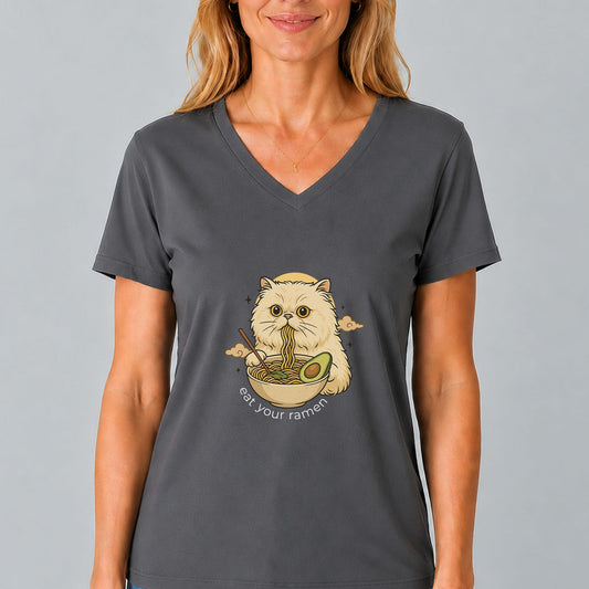 Cat Eating Vegan Ramen V-Neck T-Shirt