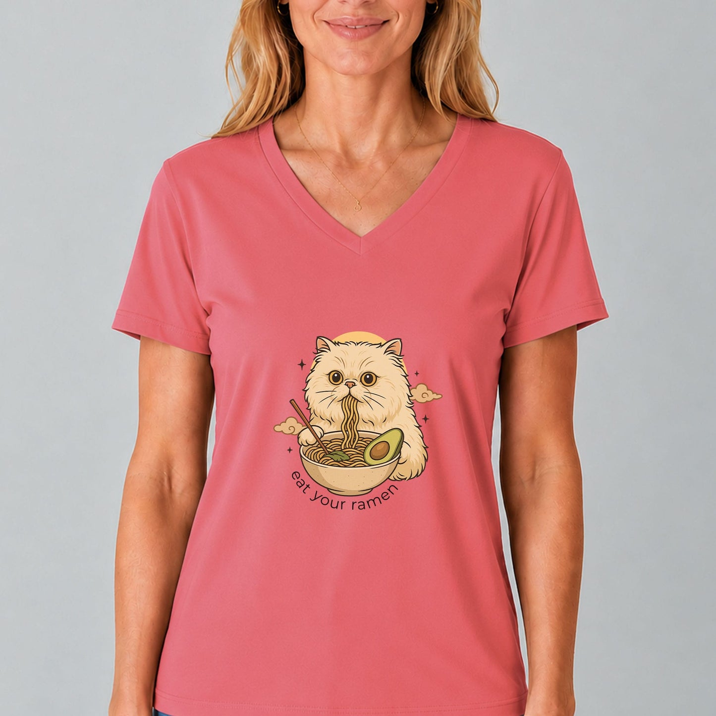 Cat Eating Vegan Ramen V-Neck T-Shirt