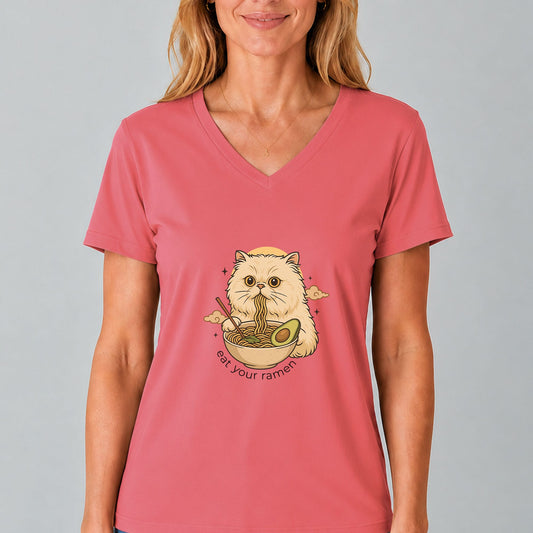 Cat Eating Vegan Ramen V-Neck T-Shirt